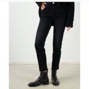 Amo Jeans Women's Raw Hem High Waist Babe Wash Jett Black Button Fly Jeans Sz 28